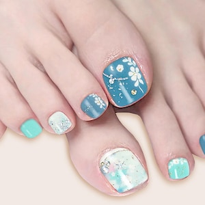 White Flower Toenail Navy Blue Toe Nail Art Wrap Sticker White Cherry Blossom Silver Foil Glitter Self Adhesive Nail Art  Decals J23Series