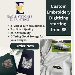 May include: An advertisement for Eagle Stitches & Printing. The image shows the company logo, a list of services, and examples of custom embroidery on clothing. The text includes "Custom Embroidery Digitizing starting from £5."