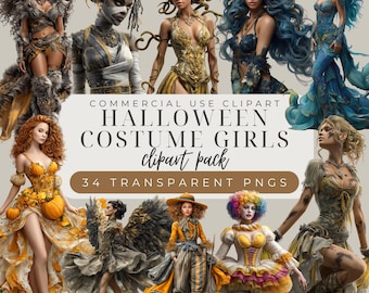 Paquete de imágenes prediseñadas de Halloween para mujeres: Colección de disfraces oscuros de brujas, vampiros y fantasmas (descarga digital)