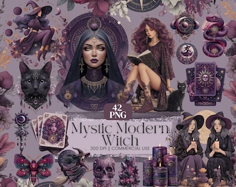 May include: A digital collection of 42 PNG files titled Mystic Modern Witch, featuring illustrations of witches, black cats, tarot cards, skulls, crystals, candles, and moths in shades of purple, black, and gold for commercial use at 300 DPI.