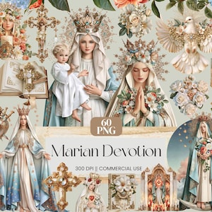 May include: A digital collection of 60 PNG images featuring religious iconography, including depictions of the Virgin Mary with the infant Jesus, ornate golden crosses, floral arrangements, a white dove, and candles, labeled Marian Devotion.