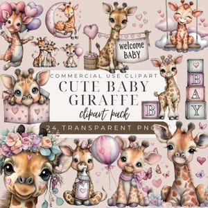 Schattige aquarel babygiraf clipartset, schattige dieren voor babyshower uitnodigingen, decor kinderkamer, gastenkaarten (24 pngs, 300 dpi)