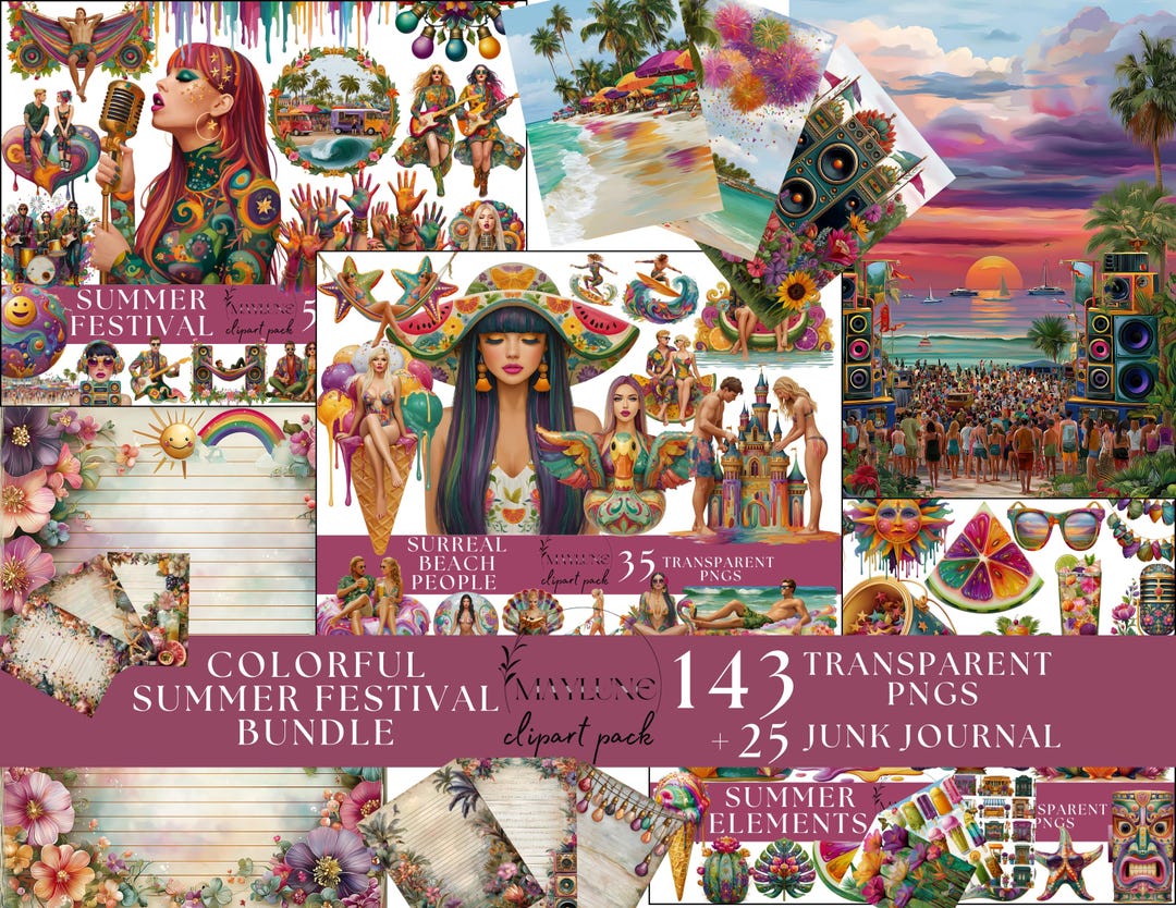 Colorful Summer Festival Clipart Bundle: Beach, Music, Vacation Vibes ...