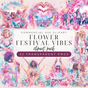 Bundle de cliparts Festival Vibes, PNG de fleurs pastel pour fête d'été, filles bohèmes, boissons, fleurs et éléments de fête foraine, fond transparent