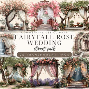 Fairytale Rose Wedding clipart, romantische ceremonieplaatsen met roze rozen, perfect voor planners, uitnodigingen en sublimatie, dromerige locaties