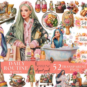 Könnte beinhalten: Eine digitale Illustration mit Elementen der Selbstpflege und Schönheit. Das Bild zeigt eine Frau in einer Badewanne, einen Einkaufswagen mit Produkten und den Text „Daily Routine Women Clipart Pack“. Blumenarrangements und Schönheitsprodukte sind ebenfalls enthalten.