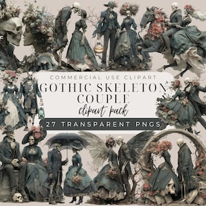 Puede incluir: Un paquete de imágenes prediseñadas digitales con parejas de esqueletos góticos en varias poses. Las imágenes muestran esqueletos con atuendos vintage, con detalles florales y una estética oscura y romántica. El texto de la imagen dice "Gothic Skeleton Couple Clipart Pack".