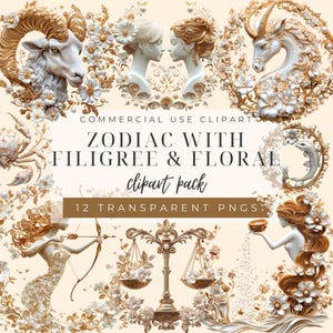 Set di clipart di lusso dello zodiaco - 12 segni zodiacali acquerellati con filigrana, fiori, perle, arte astrologica in oro, clipart PNG di astrologia, regalo