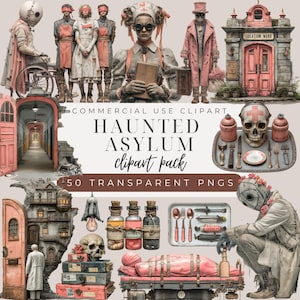 Puede incluir: Un paquete de imágenes prediseñadas digitales titulado "Haunted Asylum" con varias ilustraciones de elementos vintage de temática médica y asilar. Incluye imágenes de figuras con atuendo médico, un cráneo y herramientas médicas.