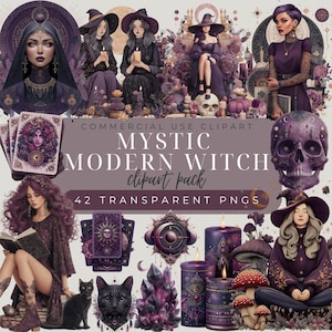 Könnte beinhalten: Eine digitale Kunstsammlung mit mystischen Hexen-Illustrationen. Das Bild enthält Porträts von Hexen, Tarotkarten, Kerzen, Kristallen und einem Totenkopf. Der Text auf dem Bild lautet "MYSTIC MODERN WITCH clipart pack" und "42 TRANSPARENT PNGs". Die Farbpalette wird von Lilatönen dominiert.