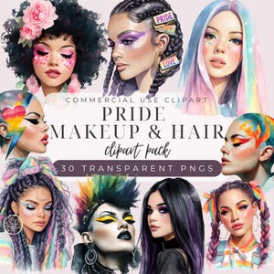 Ensemble de cliparts maquillage et cheveux fierté, 30 visages LGBTQ arc-en-ciel, coiffures colorées, glisser, punk, pastel, PNG numériques, célébrer le mois de la fierté