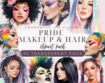 Pride Makeup & Hair Clipart: Rainbow LGBTQ+ Digital PNGs (30 Faces, Commercial Use