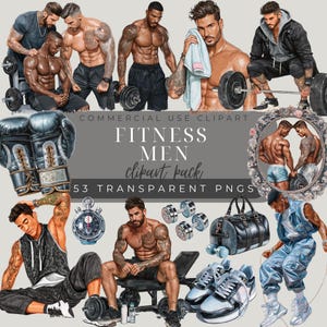May include: Digital illustration of fitness-themed clipart. The image features several muscular men in various workout poses, along with fitness equipment such as dumbbells, boxing gloves, and a gym bag. Text on the image reads "FITNESS MEN clipart pack".