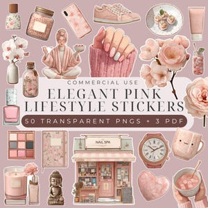 Ensemble de clipart spa pour les ongles, 50 autocollants numériques rose pâle, graphiques pour sublimation, décoration de manucure, parfait pour les planificateurs, autocollants beauté PNG