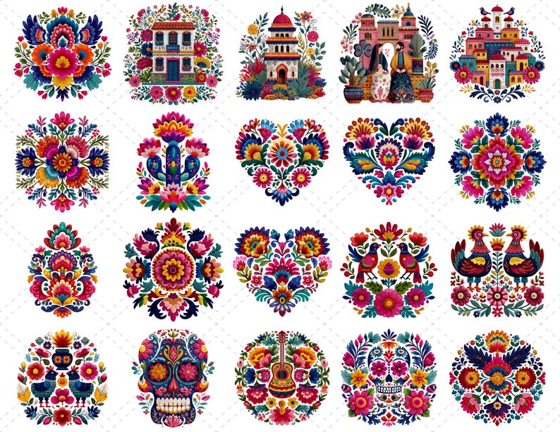 Colorful Mexican Otomi Clipart: Viva Mexico Floral PNG, Folk Art Design ...