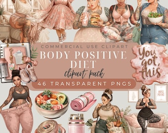 Clipart de mujer fitness con curvas: conjunto de imágenes PNG de mujeres tatuadas con cuerpo positivo (descarga digital)