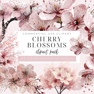 Kirschblüte Clipart - 22 PNGs Frühling Blumen Clipart, japanische Sakura Blumen, transparenter Hintergrund, digitales Aquarell Blumenpaket