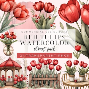 Red Tulips Watercolor Clipart Bundle, Spring Floral Bouquet Clipart, Garden, Tulips Flowers PNG, Transparent Background,  Commercial Use