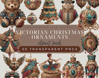 May include: A collection of Victorian Christmas ornaments in various shapes, including a teddy bear, snowman, and Christmas tree. The ornaments feature ornate details, teal, gold, and burgundy accents, and are designed with a vintage aesthetic. The image includes the text "Victorian Christmas Ornaments clipart pack".