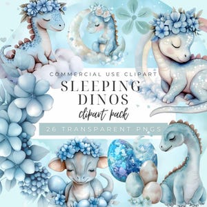 Schlafendes Dino Clipart Set - Blaue Baby Dinosaurier mit Blumen und Luftballons - 26 niedliche Transparente PNGs - Kinderzimmer & Babyparty Grafiken