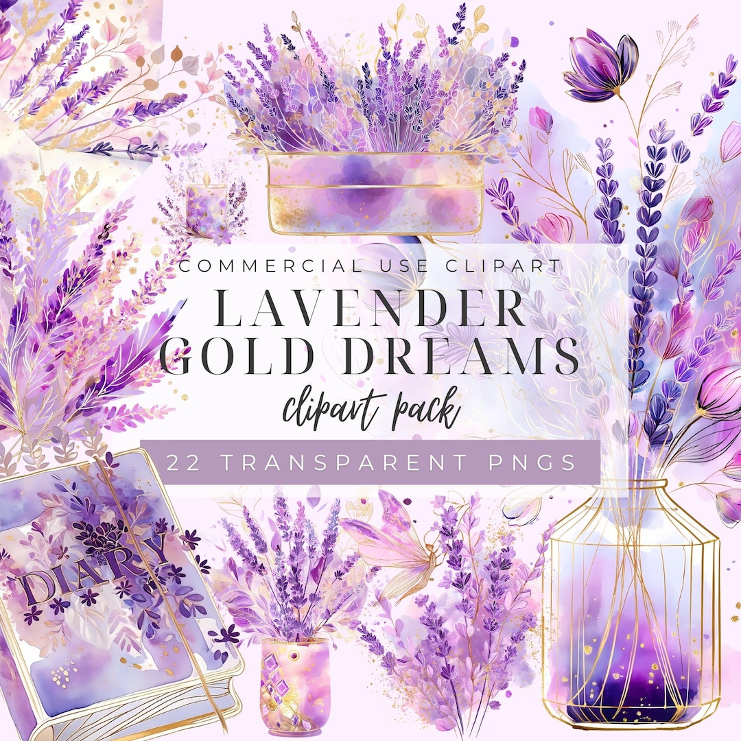 Watercolor Lavender Clipart Bundle: Gold Floral Wreaths (PNG Digital ...