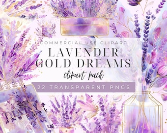 Watercolor Lavender Clipart Bundle: Gold Floral Wreaths (PNG Digital Download
