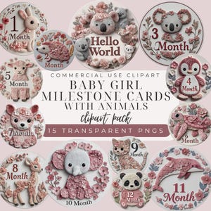 Entzückende rosa Baby-Meilensteinkarten Clipart, mit Blumentieren, 1 bis 12 Monaten, monatlichen Fotos und Neugeborenen Erinnerungen, Hallo Weltkarte