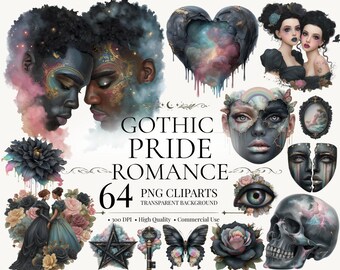 Clipart Gothic Pride: coppie LGBTQ, romanticismo malinconico PNG (download digitale)