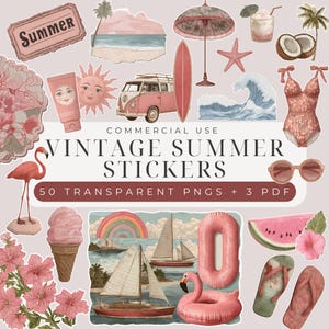 Summer Vintage PNG Stickers – 50 Retro Pink Clipart Bundle + Printable Sheets, Boho Beach Digital Stickers for Scrapbooking & Journaling