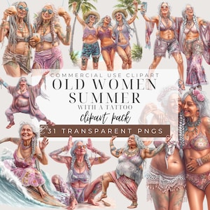 Clipe engraçado de velhinha na praia, Clipe de verão de velhinhas, Velhinhas com tatuagens, Conjunto de clipart de vovó boho na praia, Esportes de verão, Amigos