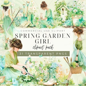 Ilustraciones de jardinería en acuarela, conjunto de imágenes prediseñadas de niña en un jardín de primavera, elementos de jardín verde pastel, niña con flores PNG, herramientas de jardinería