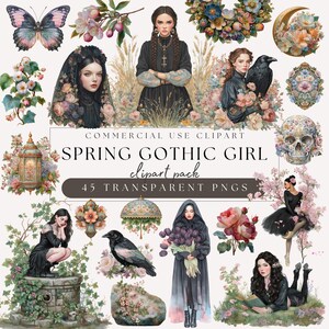 Puede incluir: Un paquete de imágenes prediseñadas digitales titulado "Spring Gothic Girl" con 45 PNG transparentes. La colección incluye ilustraciones de mujeres góticas, flores, cuervos, mariposas y elementos decorativos en un estilo de acuarela. La paleta de colores incluye tonos de negro, rosa y morado.