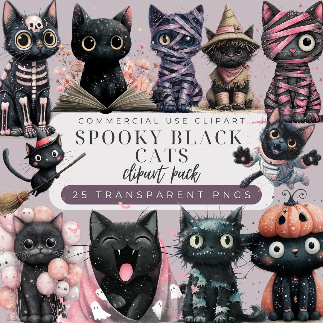 Magical Black Cat Cat Clipart Set, Whimsical Watercolor Halloween Cats ...