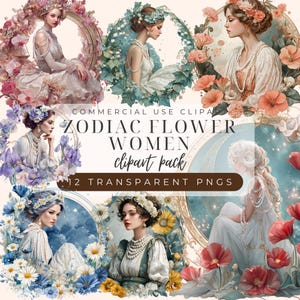 Zodiac Flower Women Clipart Set, Astrology Signs with Floral Wreaths, Zodiac Ladies PNG, Boho Celestial Illustration Set, Flowers, Pearls