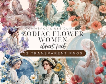 Zodiac Woman Clipart Set: Floral Astrology PNG Bundle (Digital Download