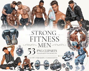 Fitness Men Clipart Bundle: Strong Gym Guys, Workout Scenes and Equipment (Digital Download)