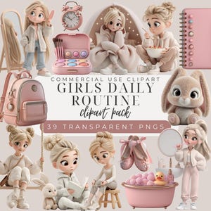 Op de afbeelding: Een digitaal clipartpakket getiteld "Girls Daily Routine" met illustraties van een meisje met diverse items. Inclusief een roze rugzak, make-up kit, wekker, konijn, balletschoenen en een badkuip. De tekst "39 Transparent PNGs" is ook zichtbaar.