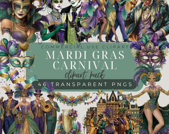 Mardi Gras Carnival Clipart Bundle: Colorful Festival, Parade & Masks, New Orleans (Digital Download)
