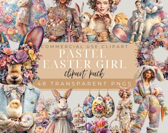 Pastel Easter Girl Clipart Bundle: Bunny Girls, Eggs & Spring Elements, Floral (Digital Download)