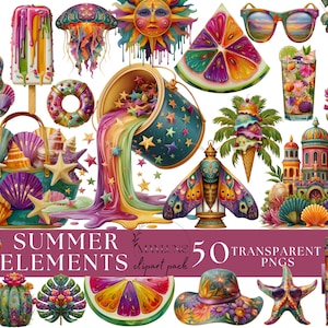 May include: A vibrant digital illustration featuring a collection of summer-themed elements. Includes a guitar, ice cream, sunglasses, a cocktail, and a variety of sea-themed items. The text "SUMMER ELEMENTS clipart pack" is displayed. The image is colorful and whimsical.