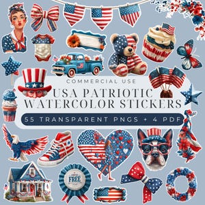 4 juli digitale stickers, 55 patriottische aquarelillustraties, USA Independence Day PNG, rood wit blauw esthetiek, schattige afdrukbare kunst