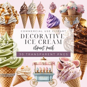 アイスクリームのクリップアート装飾セット - パステルデザート、夏のクリップアート、かわいいコーンとデザートカートのPNG、商用利用、お菓子とおやつ