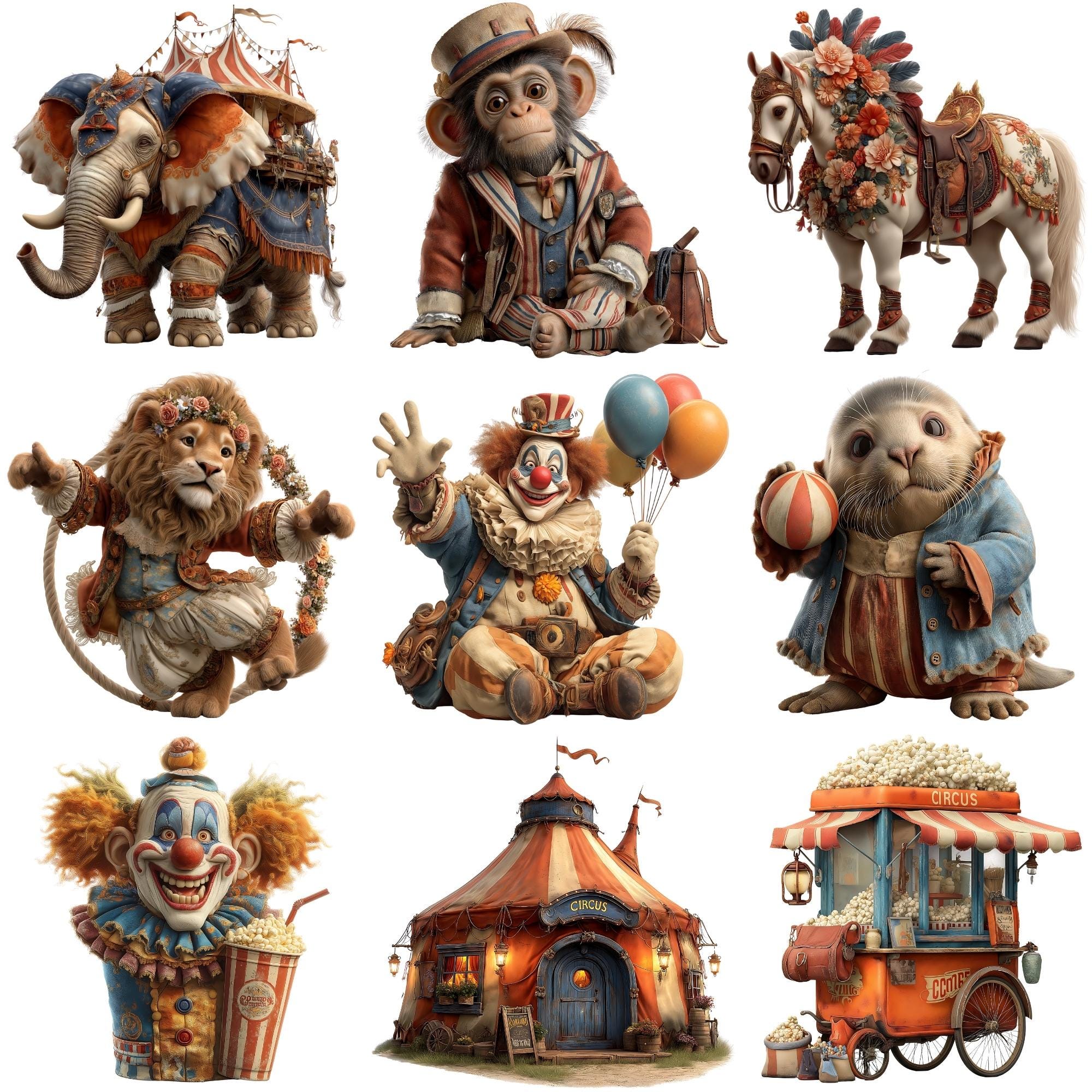 Vintage Circus Clipart Set: Carnival Animals, Clowns (27 Pngs ...