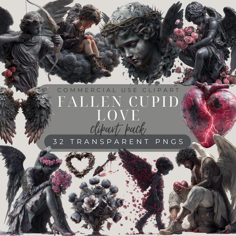 Gothic Horror Cupid Clipart Bundle: Dark Romance Angels & Heart ...