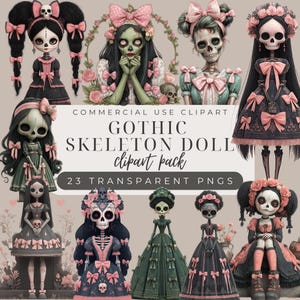 Gothic Skeleton Doll Clipart Set, Cute and creepy Halloween Illustration, Spooky Digital Art, 23 PNG, Zombie Girls In Black, Pink, Green