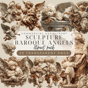 May include: A collection of Baroque angel sculptures in various poses, with detailed wings and flowing garments. The image includes the text "COMMERCIAL USE CLIPART SCULPTURE BAROQUE ANGELS clipart pack 23 TRANSPARENT PNGS". The angels are in shades of beige and brown.