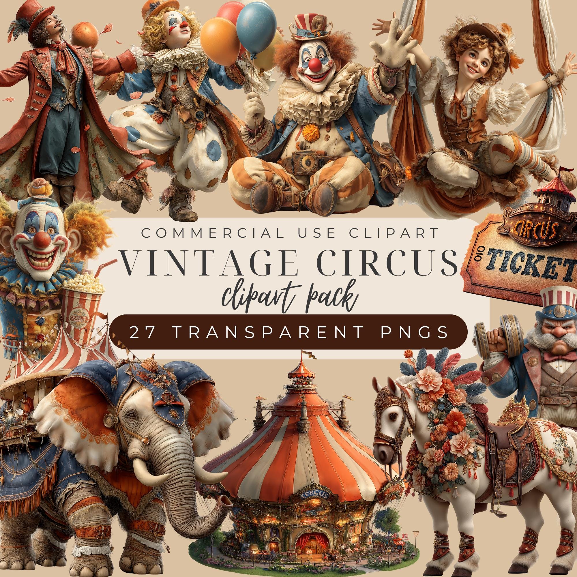 Vintage Circus Clipart Set: Carnival Animals, Clowns (27 Pngs ...
