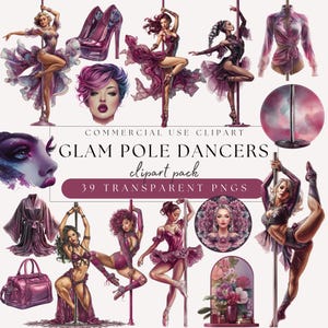 Könnte beinhalten: Ein digitales Clipart-Paket mit Illustrationen von glamourösen Poledance-Tänzerinnen in verschiedenen Posen, zusammen mit High Heels, einer Reisetasche und einem Porträt. Der Text lautet "GLAM POLE DANCERS clipart pack" und "39 TRANSPARENT PNGS". Die Farbpalette umfasst Lila- und Rosatöne.