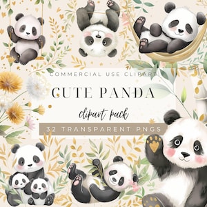 Baby Watercolor Panda Clipart Bundle – 32 PNG - Cute Panda Bears, Nature Elements - Woodland Animal Clip Art for Nursery, Kids & DIY Crafts