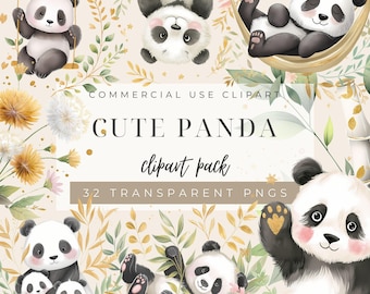 Watercolor Panda Clipart Bundle – 32 PNG Nursery Animal Graphics (Digital Download)